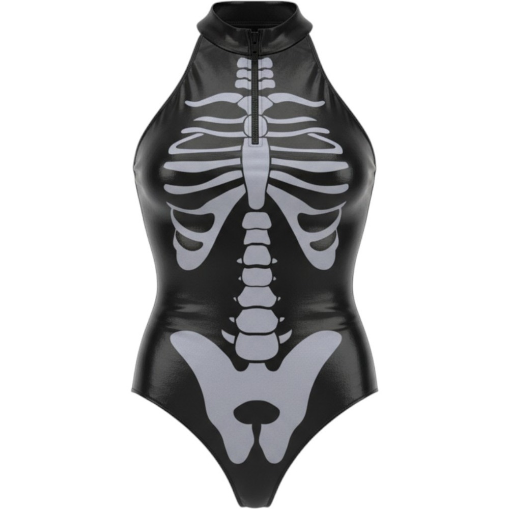 Tipsy Elves Womens Skeleton Bodysuit Black Shiny Mock Neck Halloween Small